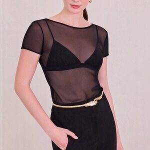 Anne Fontaine Sheer Mesh Top Black Envelope Neck Minimalist Tee Size 40 (US 6-8)